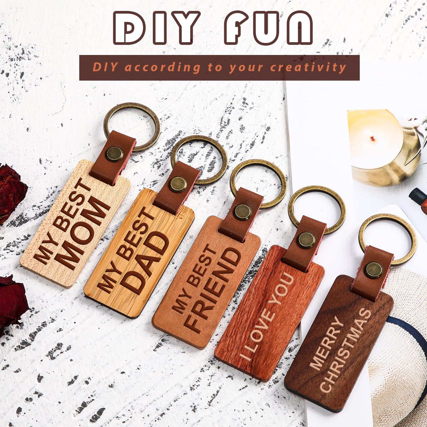 Sasylvia 50 Pcs Leather Keychain Blanks Wooden Keychain Blanks Unfinished Wood Tags with Leather Strap Keyring(White Maple, Walnut, Rosewood, Cherrywood, Bamboo)