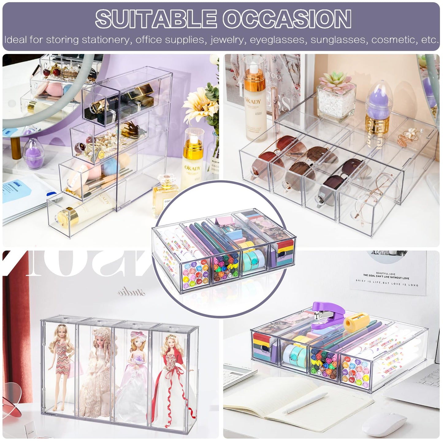 Desk Organizer with 4 Drawers, FODIENS Stackable Desktop Storage Box with Removable Drawer, Clear Sunglasses Organizer Display Case for Stationery Marker Pens Eyeglasses Office Supply