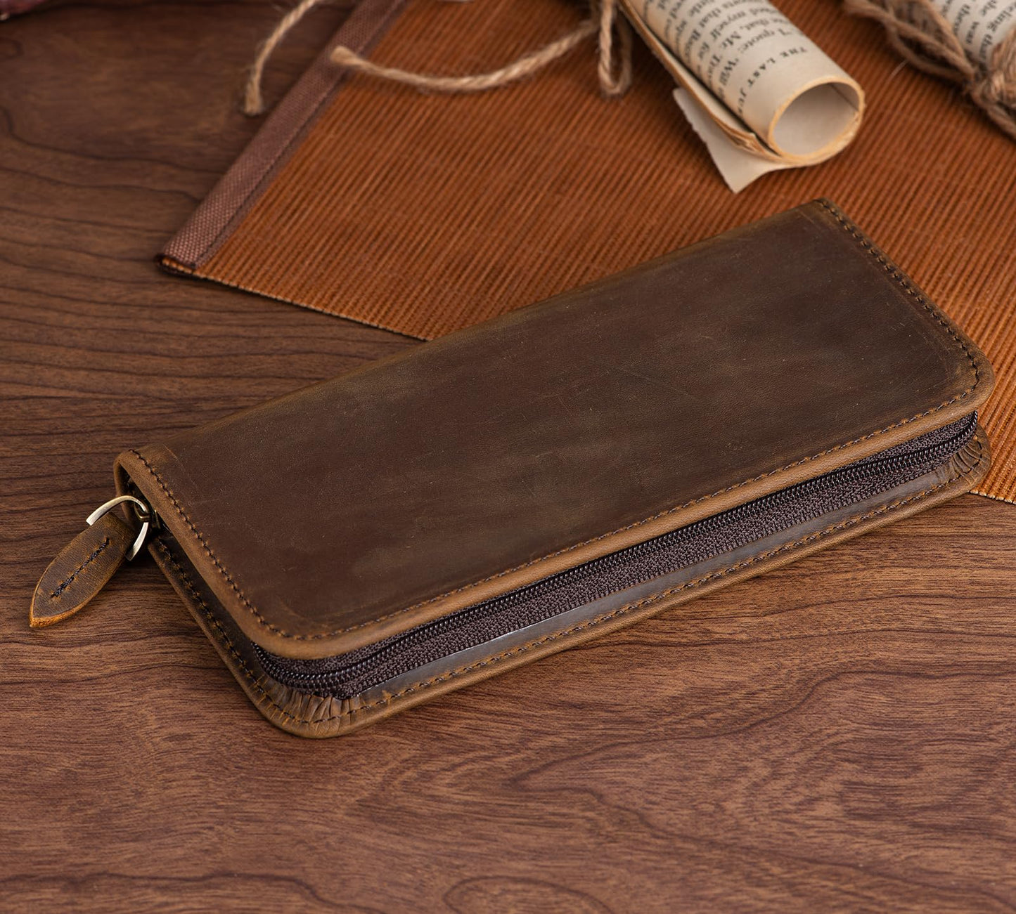 Asvine Fountain Pen Case 3 Divided Slots Crazy Horse Leather Pen Holder, Handmade Display Zippered Pouch for Rollerball Pen-Retro
