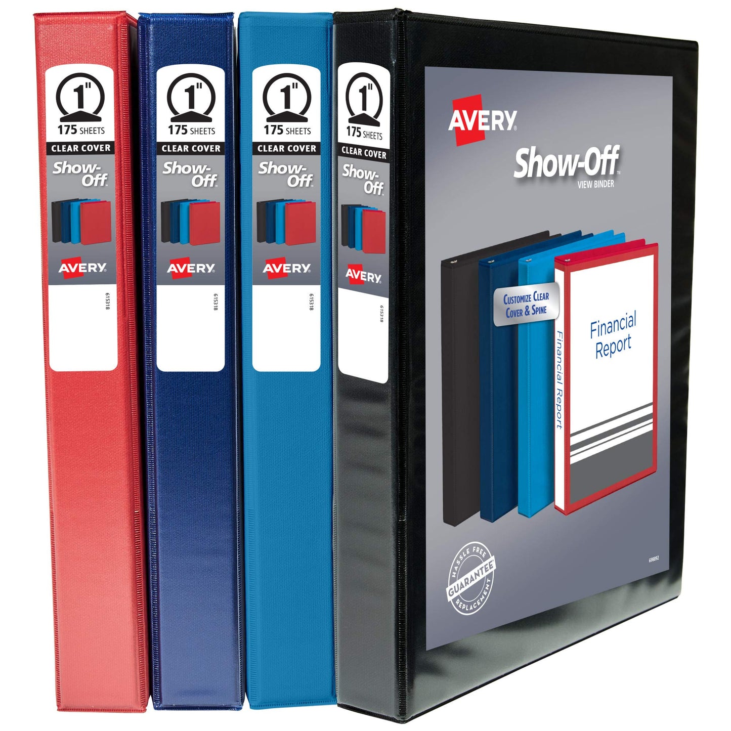 Avery Show-Off Standard View 3 Ring Binder, 1" Round Rings, 175-Sheet Capacity, 1.4 Inch Wide Spine, Color Will Vary (Black, Light Blue, Navy Blue, or Red), Ideal for Light Organization (12789)