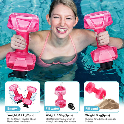 Soulchen 2 Pcs PE Water Weights for Pool Exercise, Water Filled Dumbbells with Non-Slip Handle, Adjustable Pool Dumbbell Aerobics for Aerobics Weight Loss Aqua Therapy Pools Fitness(Pink)