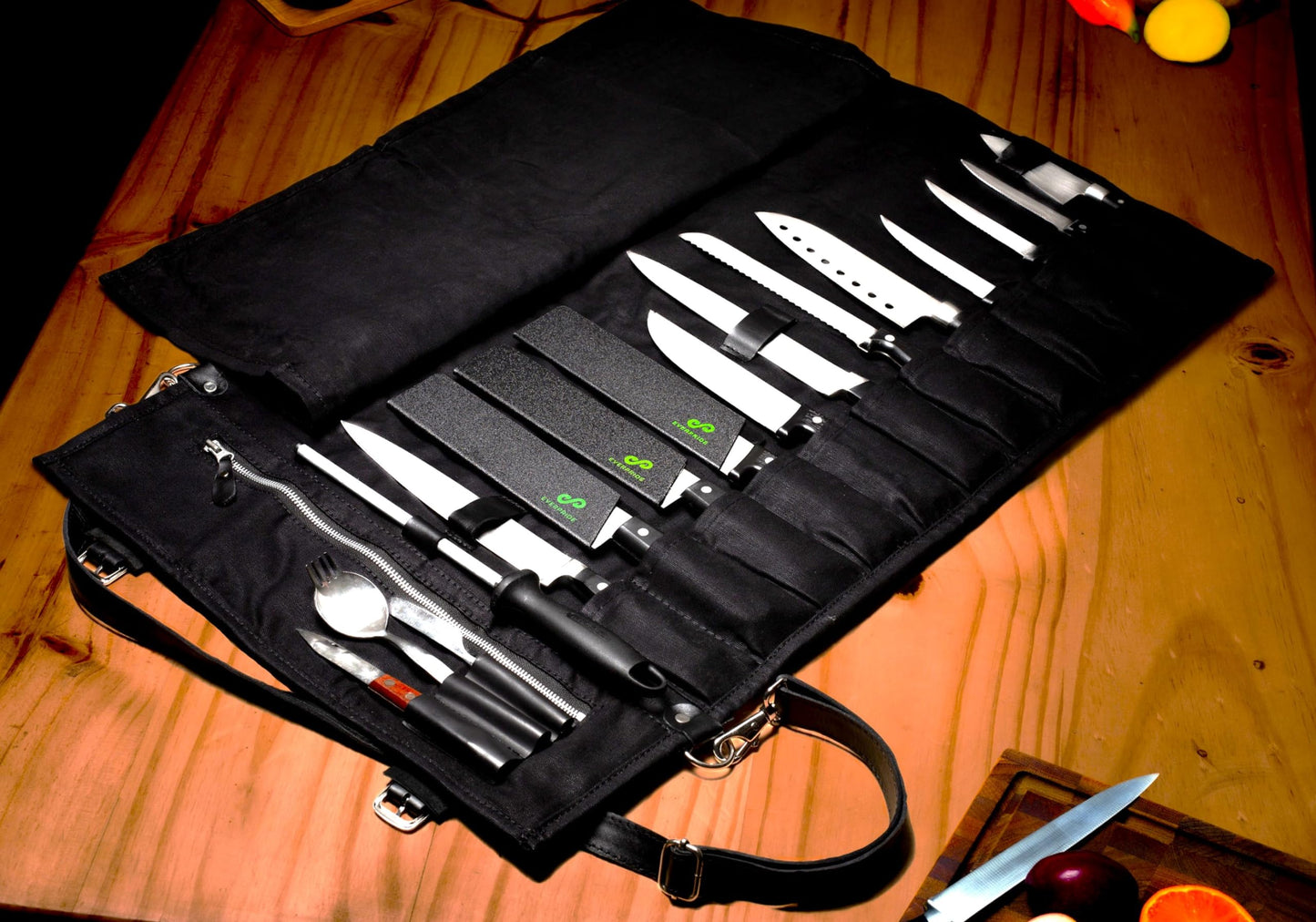 EVERPRIDE Waxed Canvas and Genuine Leather Trim Chef Knife Roll Bag Holds 12 Knives and Cooking Tools – Durable, Large Knife Case – Elegant Chef Bag for Professional Cooks and Students