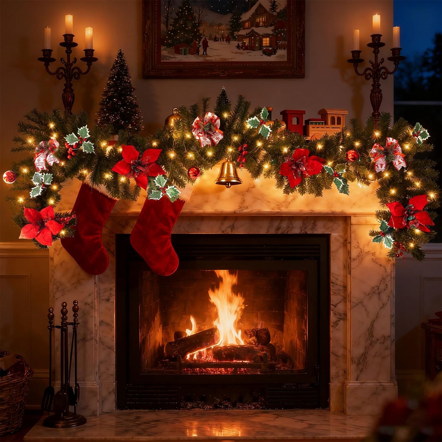 9 FT Christmas Garland with String Light (Individually Packaged), Red Berries, Pinecones, Three-Leafed Berry, Unique Red Flower and Bowknot, Perfect for Decorating Mantel, Staircase, Doorway