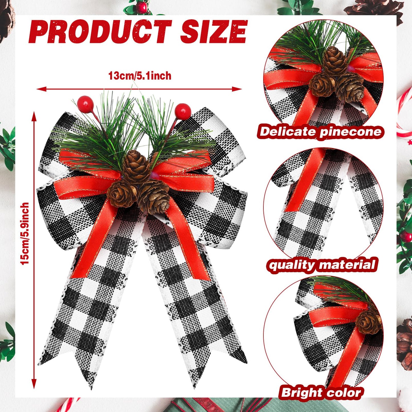 Syhood 6 Pcs Christmas Bows with Pine Cones Pine Needles Xmas Plaid Bows Black White Ribbon Christmas Tree Wreath Decoration for Xmas Parties Indoor Outdoor Crafts DIY Decor