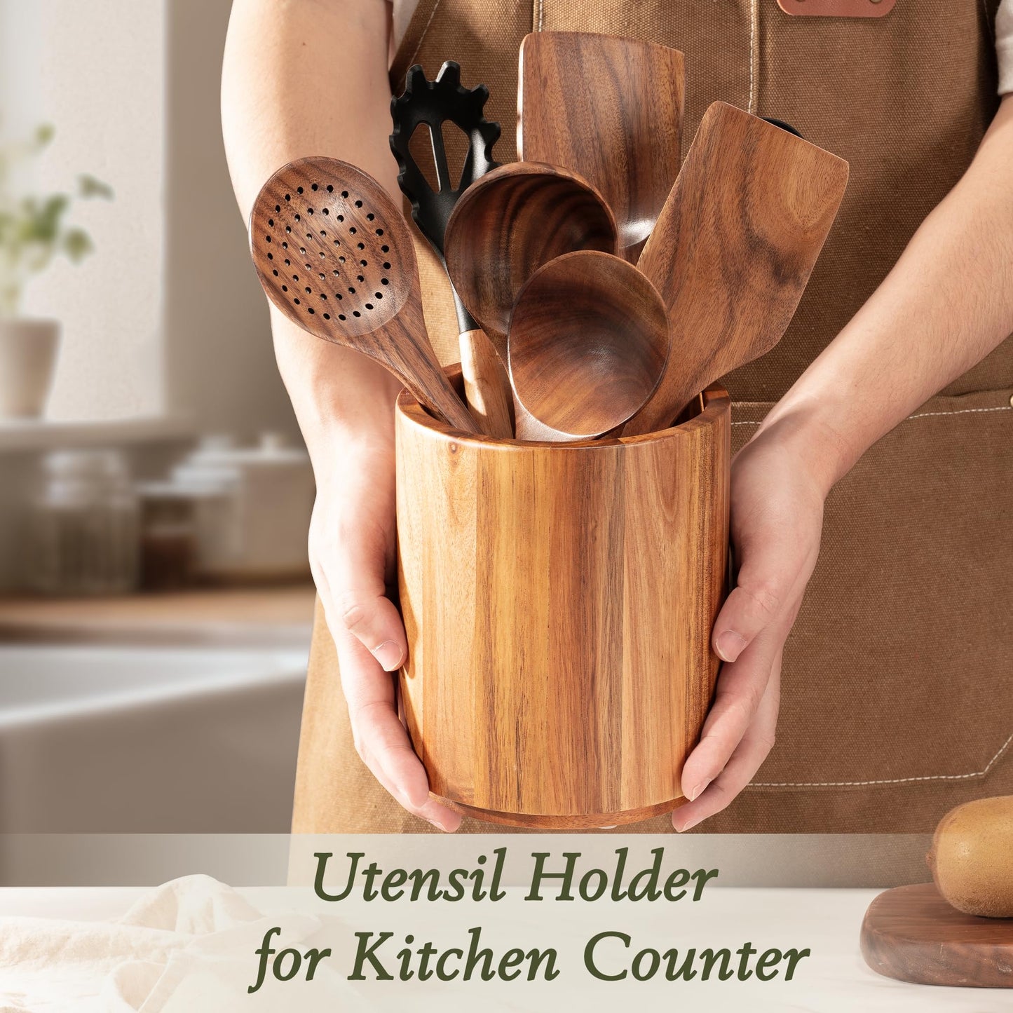 Criusia Utensil Holder 2 Pack, 360° Rotating Acacia Wood Cooking Utensil Crocks for Kitchen Counter, Farmhouse & Modern Decor, (1 Large,1 Small)