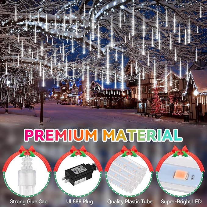 KNONEW 2Pack Total 48 Tube Meteor Shower Lights,15 in 672 LEDs Christmas Lights Outdoor Waterproof Plug in Falling Rain Light for Xmas Tree Wedding Party Garden Holiday Decorations (Cool White)
