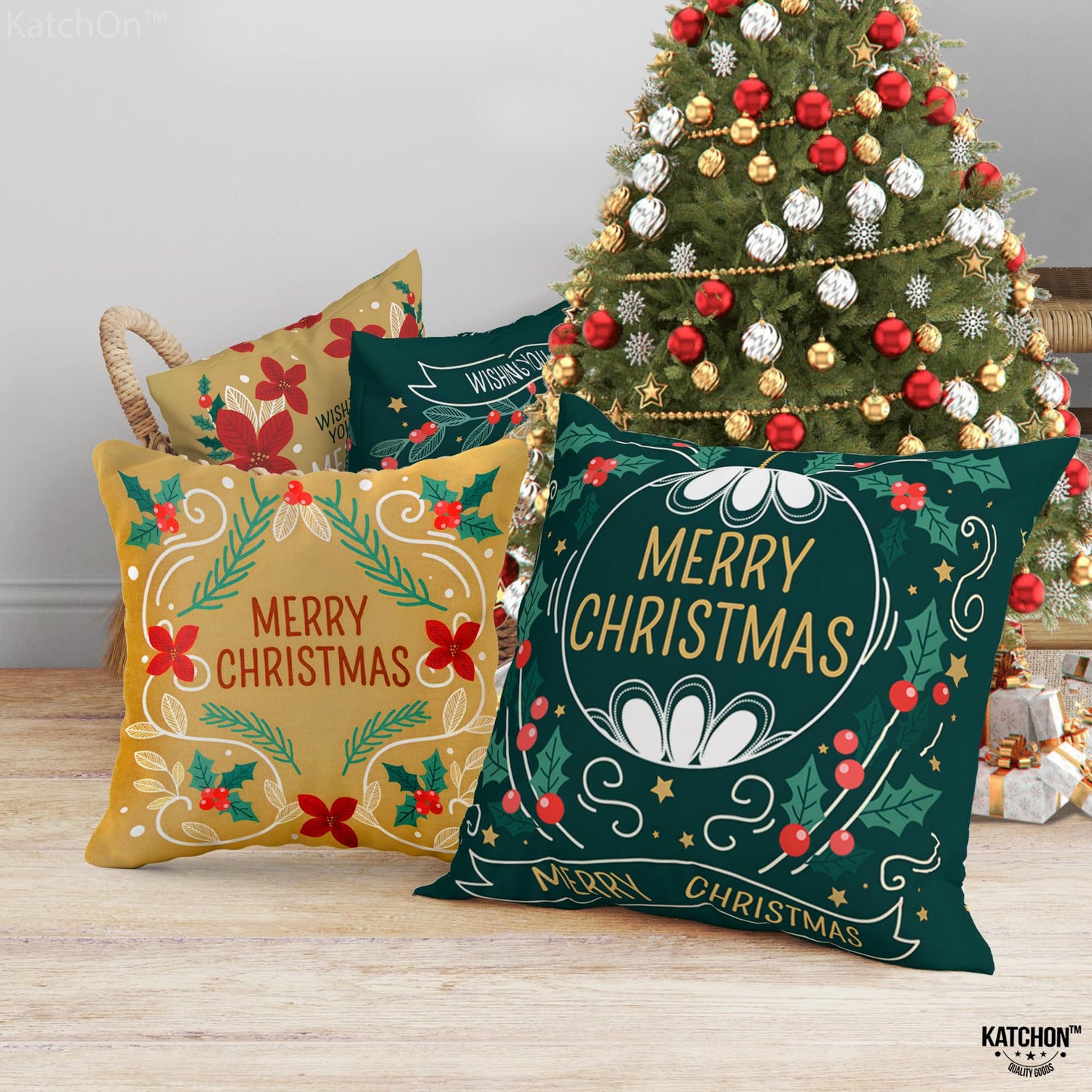 KatchOn, Merry Christmas Pillow Covers 18x18 - Pack of 4 | Green and Gold Christmas Throw Pillow Covers | Christmas Decorations Indoor | Holiday Pillow Cases