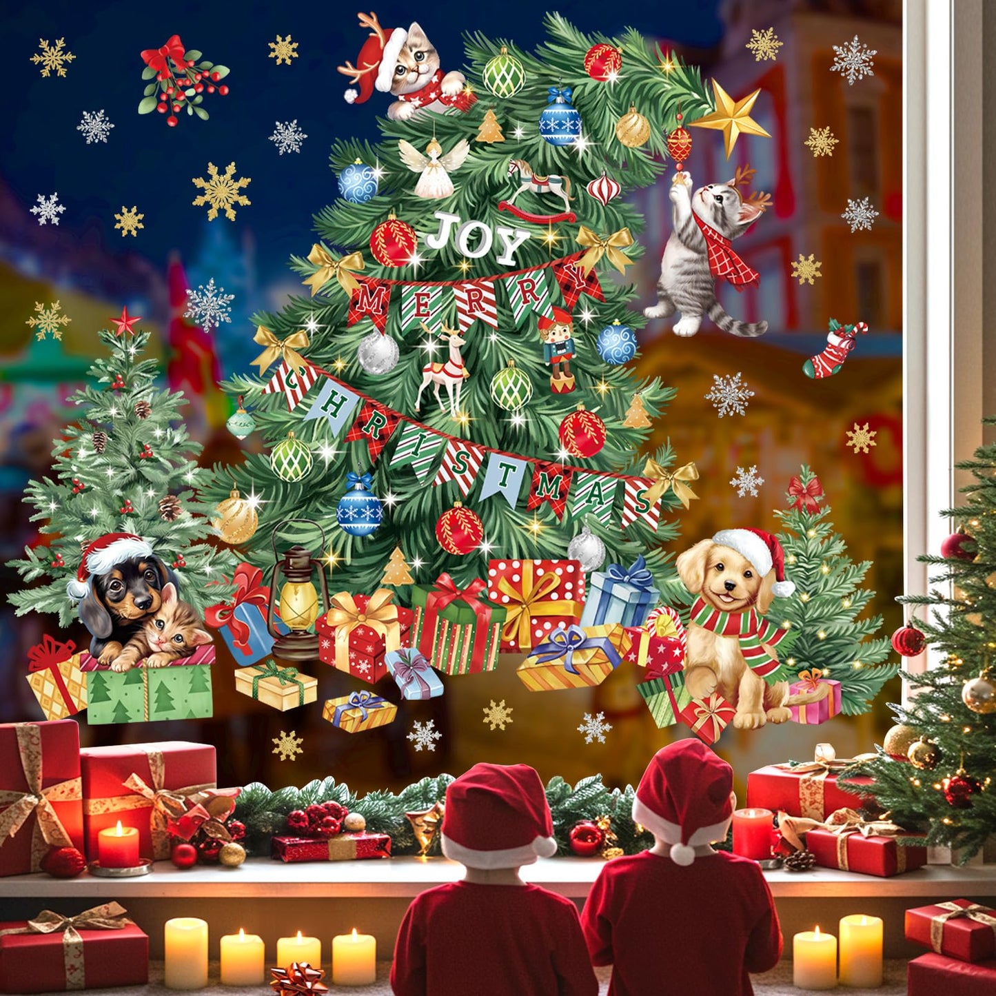 wondever Large Christmas Tree Wall Stickers Evergreen Tree Christmas Dogs Cats Peel and Stick Wall Art Decals for Window Xmas Home Party