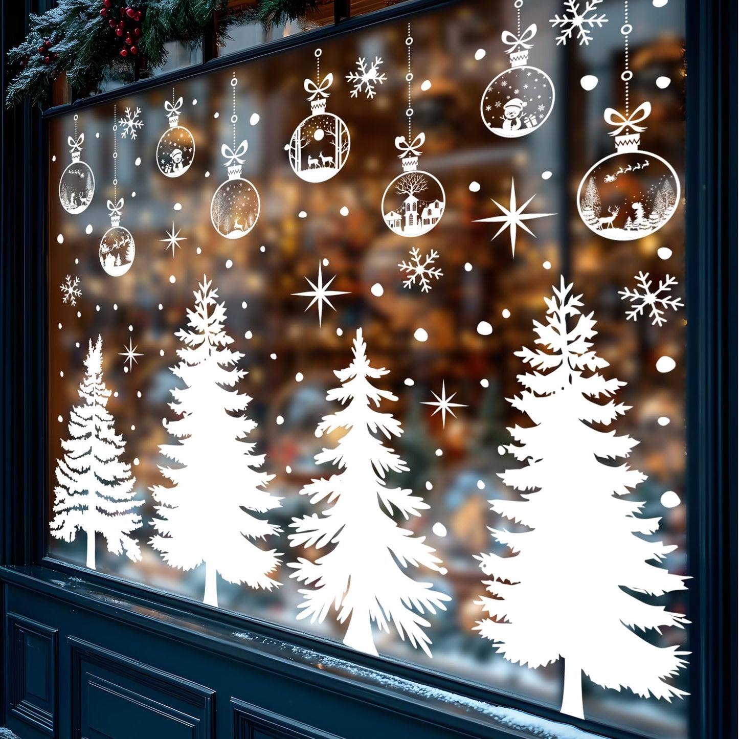 JarThenaAMCS 13.8 * 35.4'' Extra Large Winter Christmas Window Clings 4 Sheets White Xmas Tree Ball Window Stickers Double-Sided Glass Decals for Home Classroom Office Party Decoration