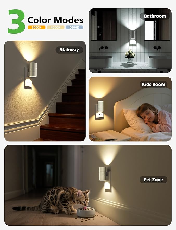 Night Lights Plug Into Wall,Dimmable LED Nightlight with Dusk to Dawn Sensor,0-100LM Adjustable Brightness,3 Color Temperatures,Night Light for Hallway Bathroom Stair Bedroom,White,4 Pack
