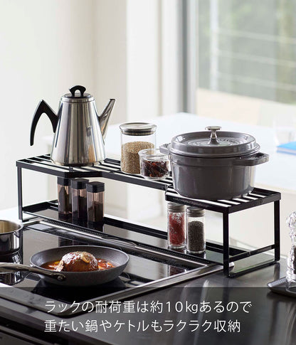 Yamazaki 5269 Stove Back Rack with Exhaust Outlet Cover, for 23.6 inches (60 cm) Stove, Black, Approx. 27.6 x 7.1 x 5.9 inches (70 x 18 x 15 cm), Tower Sliding Type, Exhaust Outlet Cover with Shelf