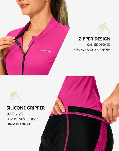Bikewa Women's Cycling Jersey Short Sleeve Bike Shirts Full Zipper Bicycle Biking Tops with Rear 3+1 Pockets Road Mountain Riding(Rosy,XL)