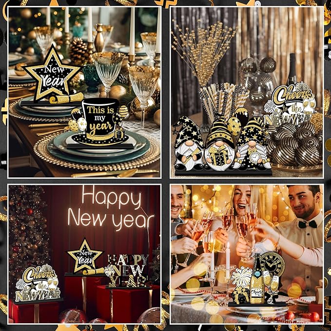 Realspring 6 Pc Happy New Years Table Decorations, New Year 2026 Wooden Table Centerpieces, Black Gold 2026 Party Supplies, Eve Party Supplies