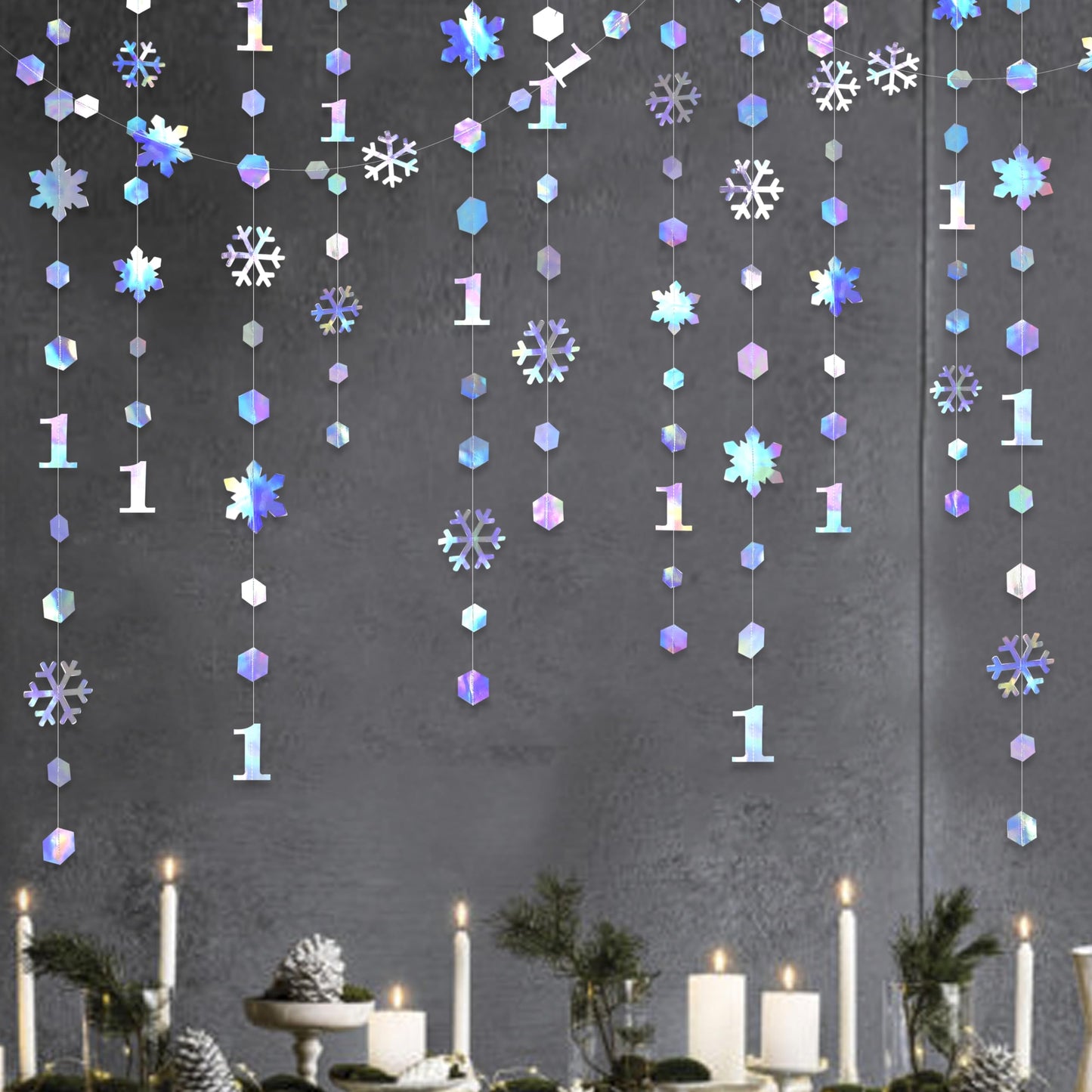 52Ft Winter Onederland Birthday Decorations Iridescent Snowflakes 1st Holographic Paper Snowflakes Garland Streamer for Winter Wonderland Christmas Frozen Snowflake First Birthday Party Supplies