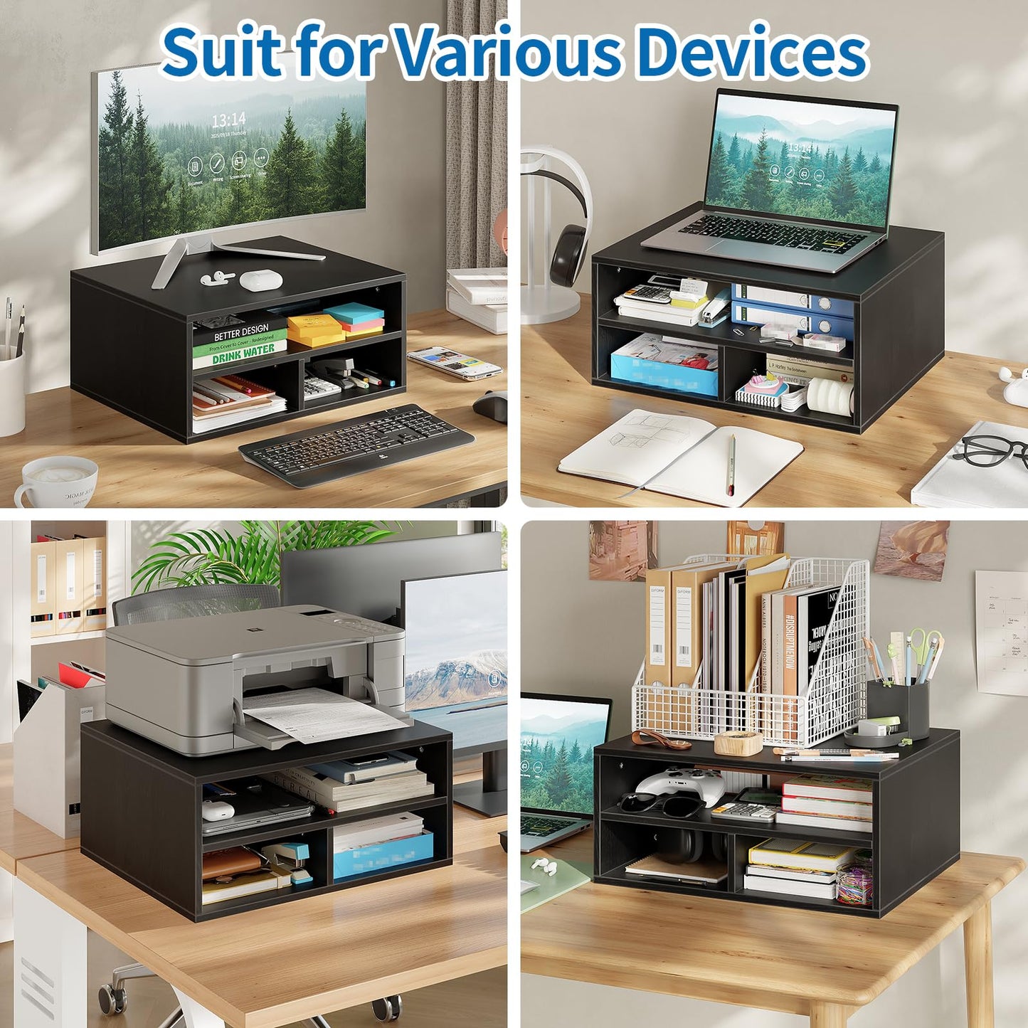 ALISENED Printer Stand for Desk, 2-Tier Wooden Desk Organizer with Adjustable Compartments, Heavy Duty Desktop Stand for Printer Scanner Monitor, Space Saving Office Organization and Storage, Black