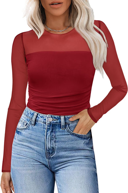 XIEERDUO Women's Sexy Sheer Long Sleeve Tops Crew Neck Mesh Ruched Going Out Shirts Blouse Date Night Outfits
