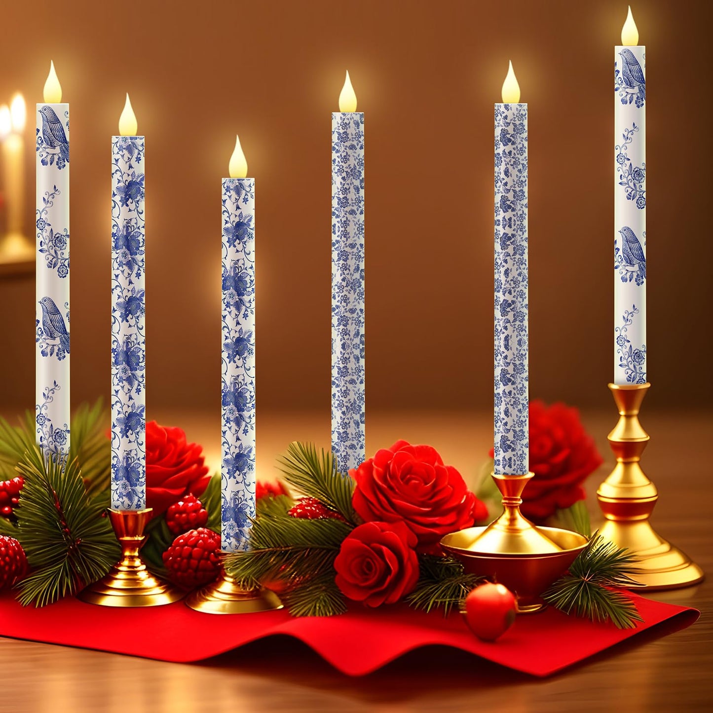 Baquler 6 Pcs Chinoiserie Flameless Candles Coastal Chinoiserie Bird Home Decor 10.6 Inch Blue and White Battery Operated LED Candlesticks for Holiday Wedding Party Summer Table Centerpiece