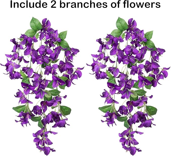 2PCS Bougainvillea Artificial Hanging Flowers Plants for Outdoors Outside Summer Decoration, Faux Silk Flowers Fake Vines UV Resistant Look Real Realistic for Front Door Porch Planter Balcony, Purple