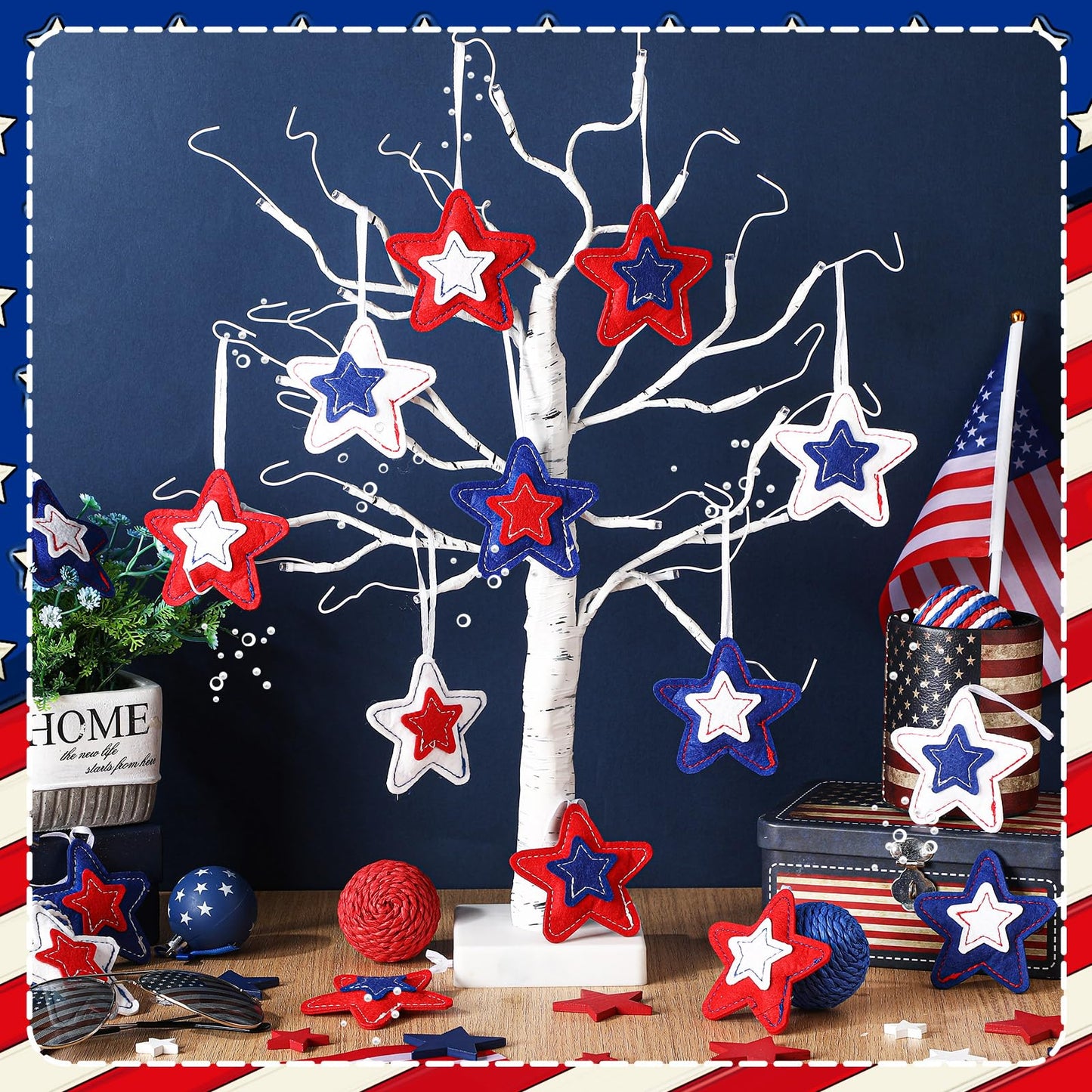 Geelin 18 Pcs 4th of July Ornaments Felt Star Patriotic Red White Blue Decoration for Tree 250th Anniversary Tree Decorations Red Blue White 3.14 Inch Hanging Stars for Party Decor(Classic Style)