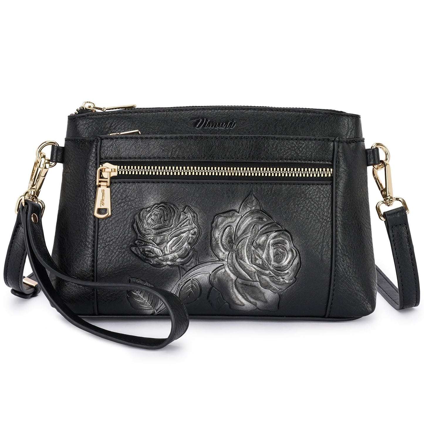 VIMUTI Vegan Leather Wristlet Wallet Purse for Women Small Clutch Purse with 2 Straps,Embossed Crossbody Cell Phone bag (Black)