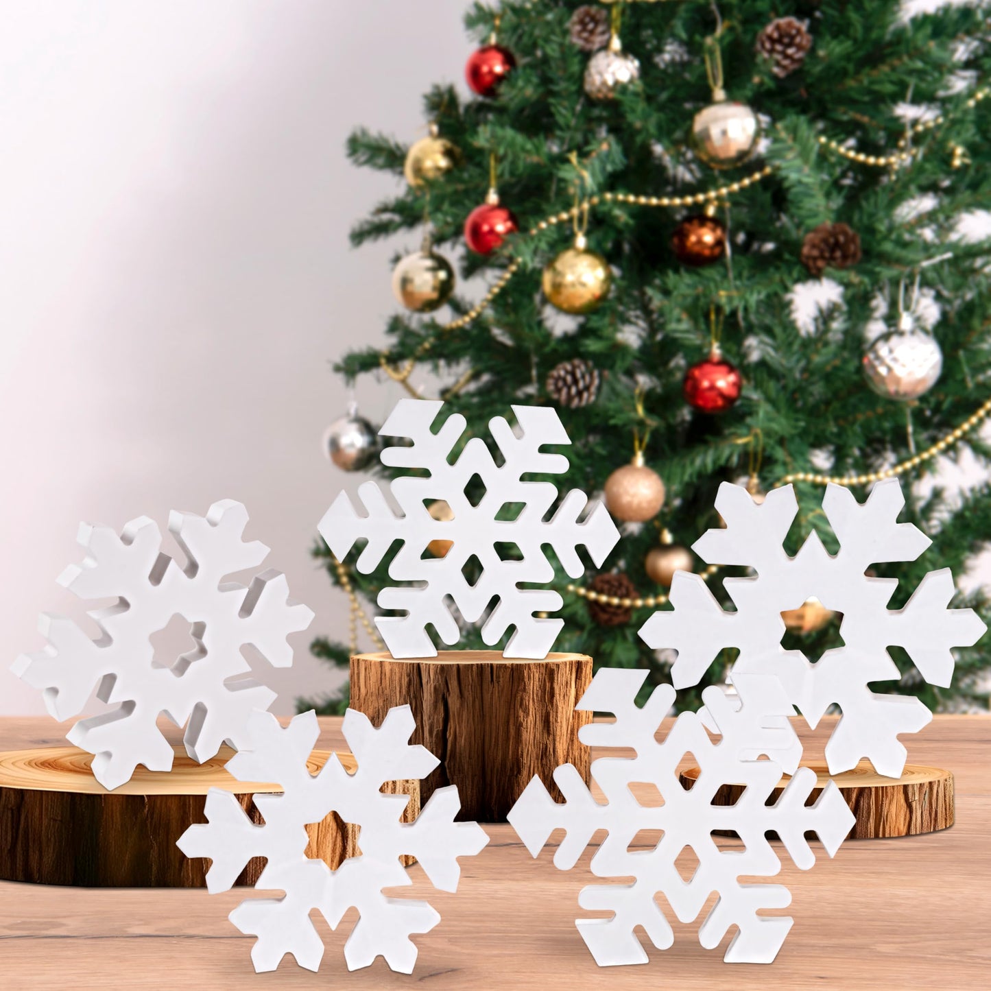 Tieshankao 5PCS Christmas Table Decor Wooden Snowflakes, White 3D Centerpieces for Winter Wonderland Decorations, Wood Sign Home Ornaments Indoor