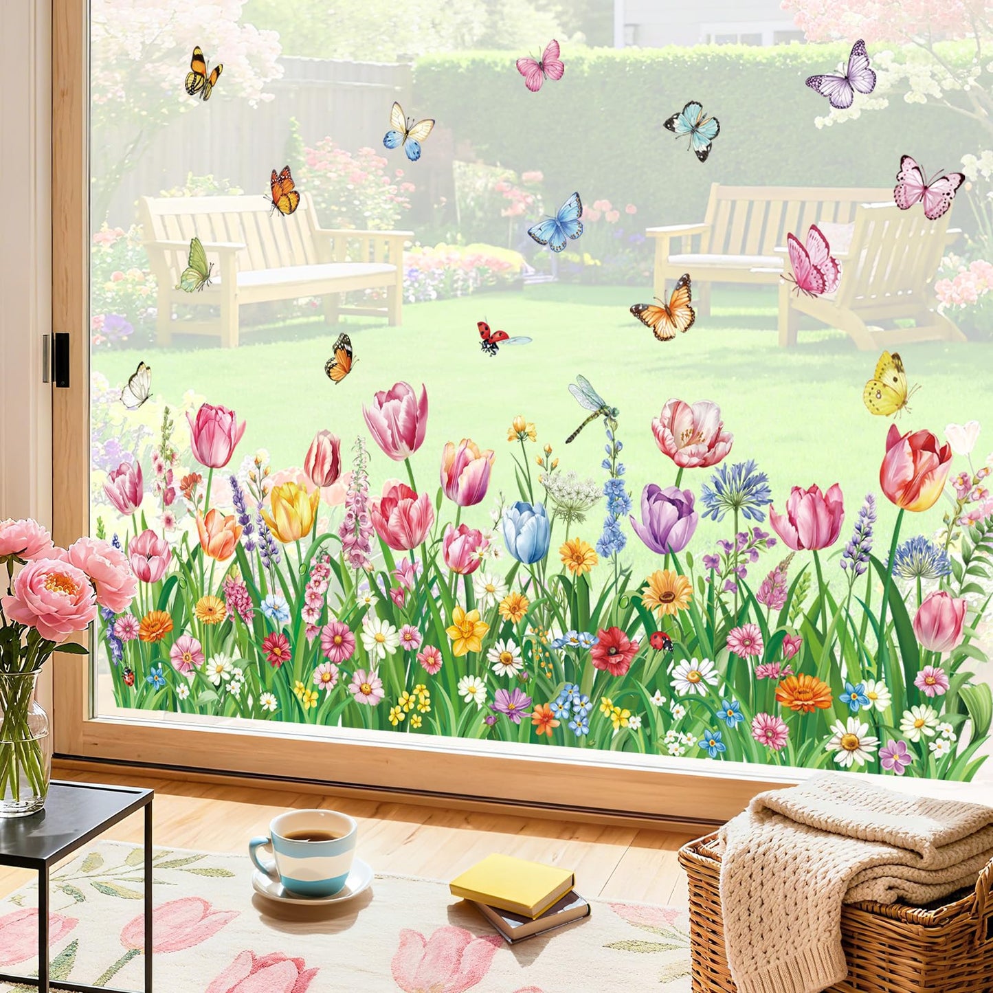 decalmile Spring Pink Tulips Flower Double Sided Window Clings Green Grass Garden Floral Wildflower Butterflies Anti-Collision Glass Doors Window Stickers Decals