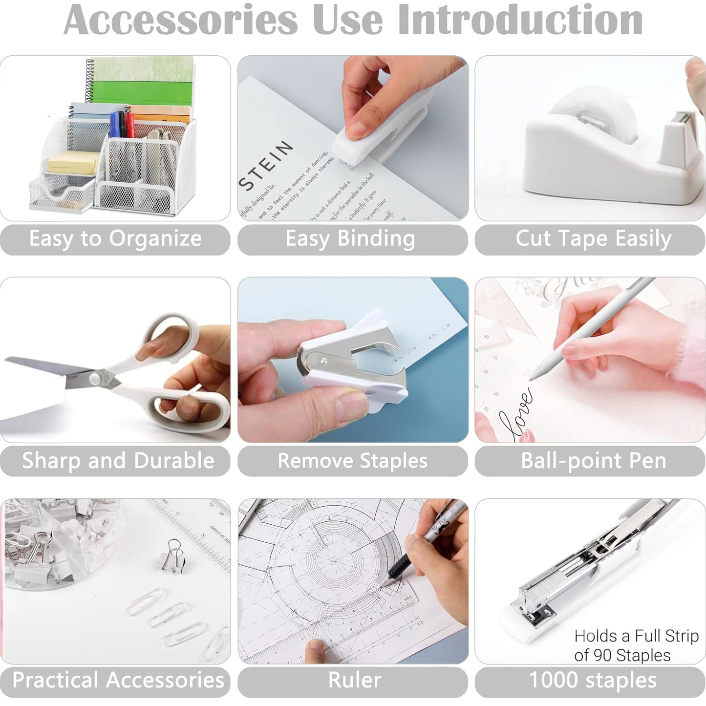 White Office Desk Accessories Supplies, 12pcs Desk Organizers and Accessories with Tape dispenser and Stapler,Staples,Staple Remover,Pen Holder,Scissor,Ruler,Sticky Tabs,Tape,Ballpoint Pen,Clips Set