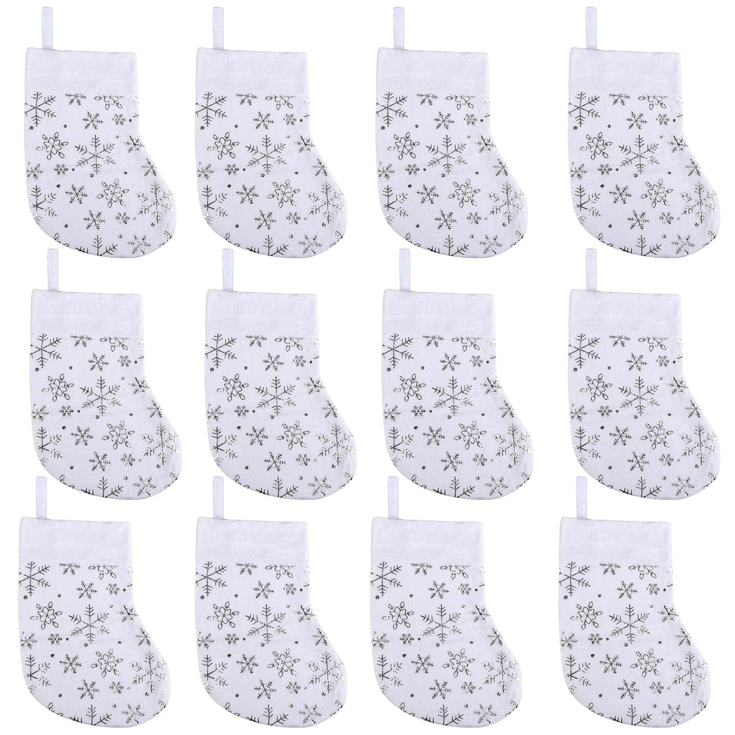 FOIMAS 12pcs Mini Christmas Stockings,8.2" White Snowflake Stocking Xmas Felt Hanging Stocking Sock for Christmas Tree Fireplace Tableware Home Decoration,Silver