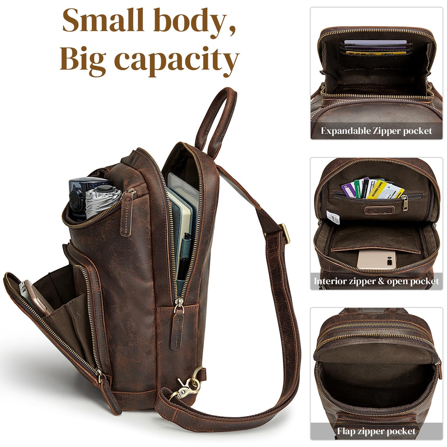 S-ZONE Sling Bag for Women Men Genuine Leather Vintage Crossbody Chest Bags Backpack Daypack Outdoor Travel