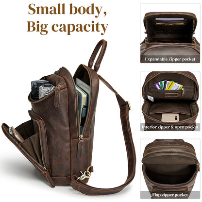 S-ZONE Sling Bag for Women Men Genuine Leather Vintage Crossbody Chest Bags Backpack Daypack Outdoor Travel