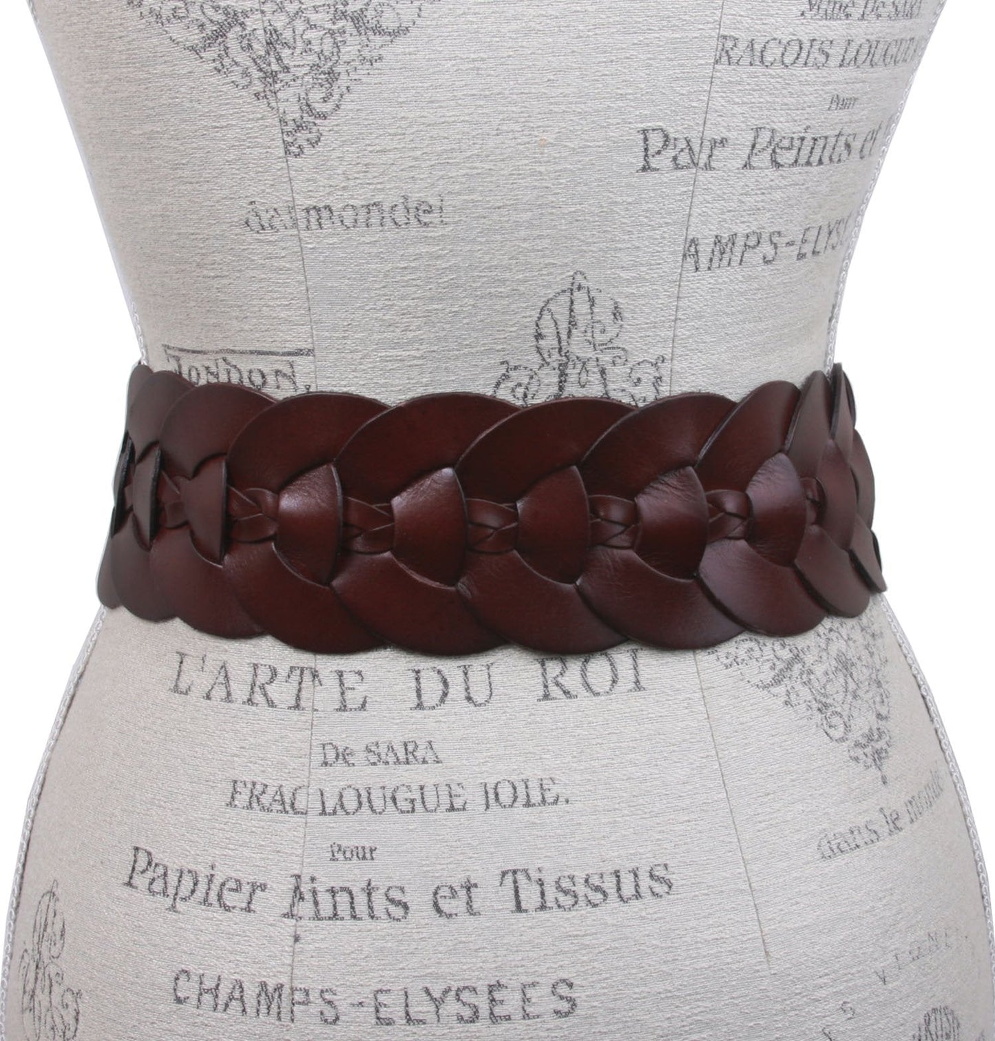 Ladies 3" (75 mm) Wide High Waist Round Disk Linked Braided Cowhide Top Full Grain Leather Belt, Brown | 37"