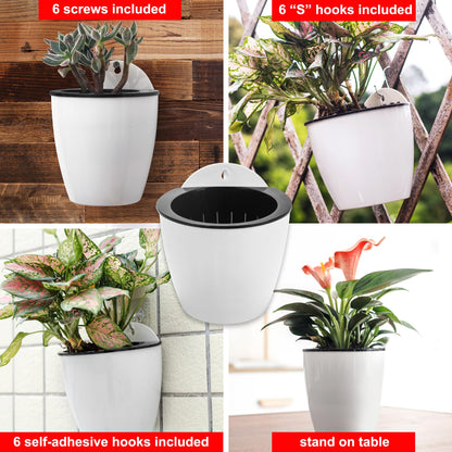 ORIMERC 6 Pack White Self Watering Wall Hanging Planter Pots Vertical Garden Window Mount Indoor Outdoor Plant Flower Basket Kitchen Herbs Balcony Railing Shelf Fence Bedroom Trellis Decor(Small)