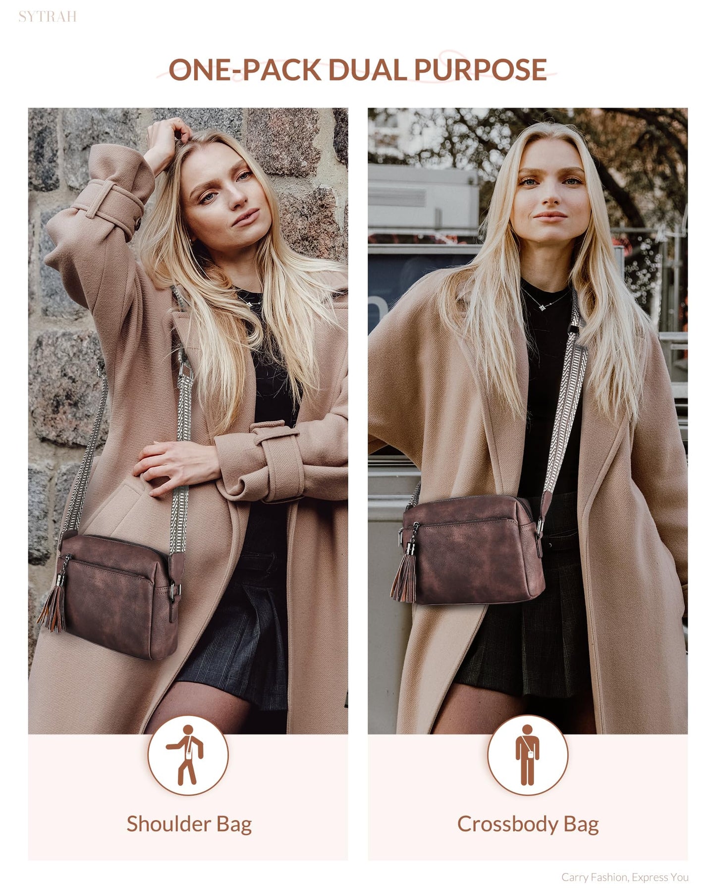 SYTRAH Crossbody Bags for Women, Triple Zip Crossbody Purses for Women Trendy, Cell Phone Purse Shoulder Handbag with Adjustable Strap Mocha Coffee