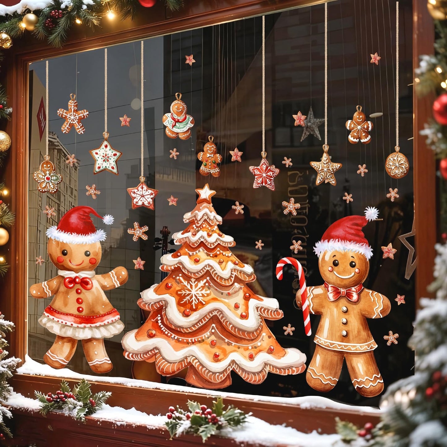 Christmas Window Decoration Clings Gingerbread Decals for Glass Double-Side Xmas Tree Holiday Window Decal Reusable Removable Snowflake Static Cling for Indoor Home Office Display Winter Decoration