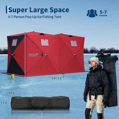 Garvee Pop Up Ice Fishing Shelter and Insulated Ice Fishing Tent with 49ft LED Light Strip, Windproof Portable Hub Design, Fits 3-4 People, 35 sq ft Fishable Area, Red+Black