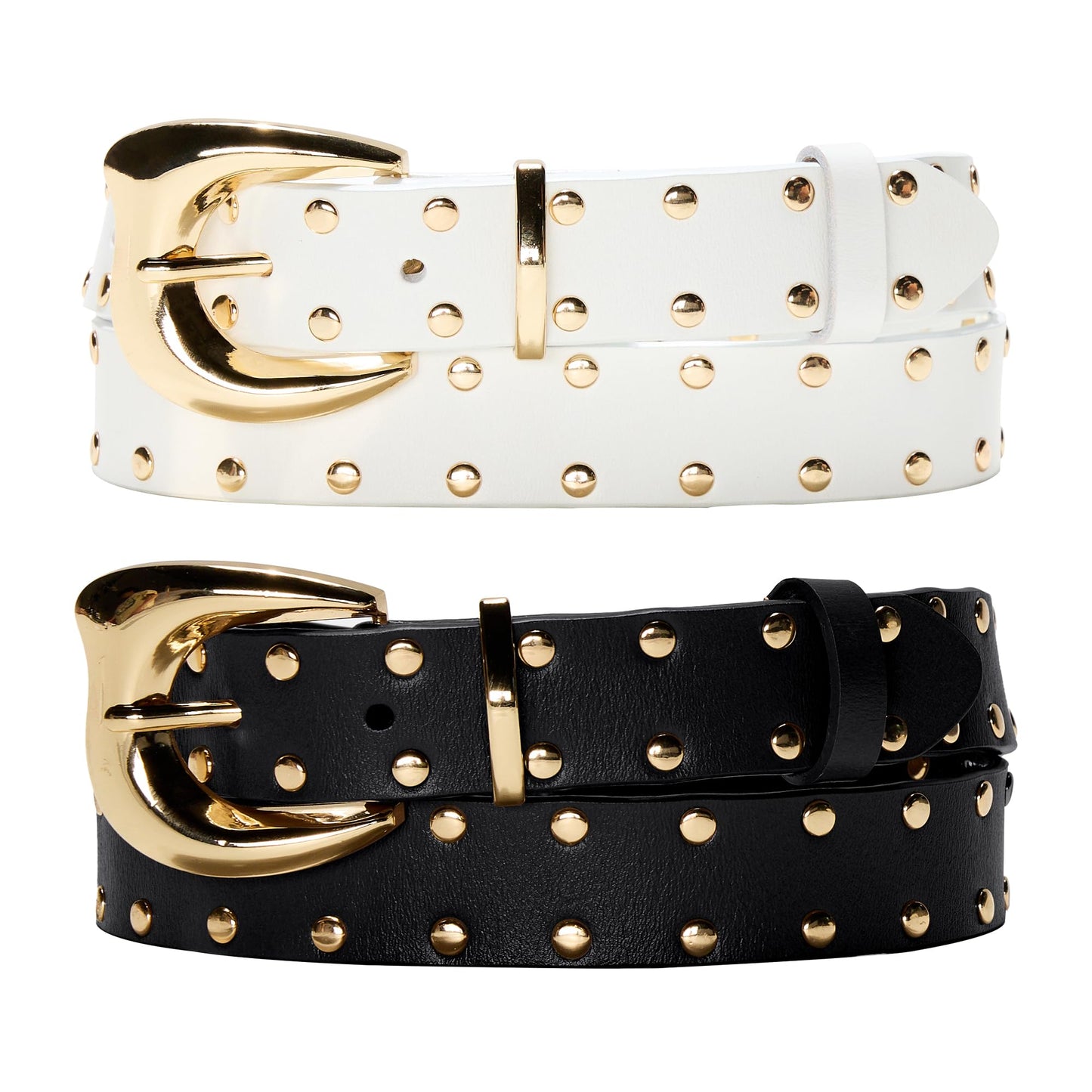 Asaloy Women's Studded Genuine Leather Belts,Adjustable Womens Waist Belts for Jeans Dresses and Pants Punk Belt (Black gold+White gold belt(2P), Waist circumference 27-36 inches)
