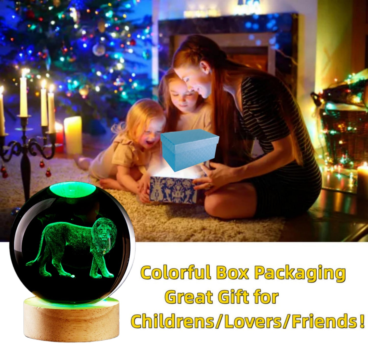 3D Crystal Ball Lamp with Lifelike LED Lion, 16 Color Changing Light, Dimmable Remote Control