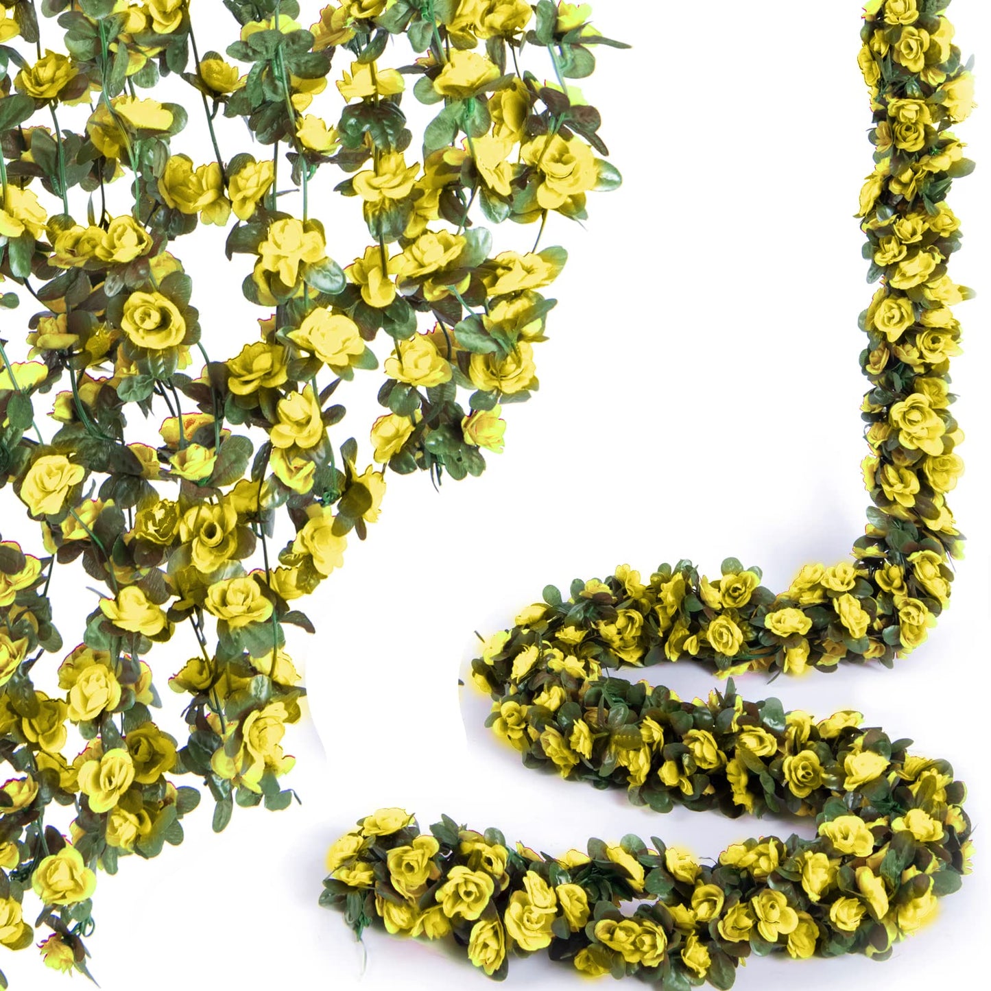 PONKING 8 Pcs x 8.2 ft Flower Garland Artificial Rose Vine Flowers with Green Leaves Hanging Fake Roses Vine for Room Party Home Wedding Birthday Christmas Wall Arch Decor, Spring Yellow Flower