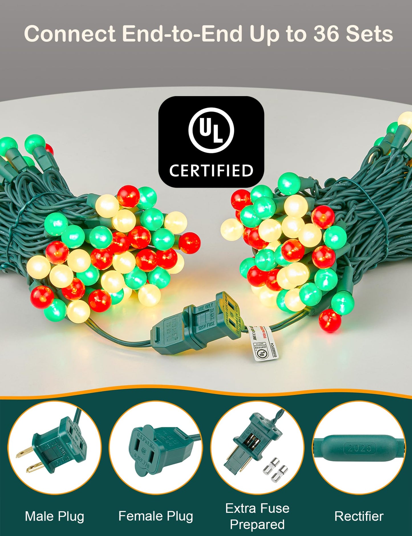 BOHON Christmas Lights Outdoor 24FT 70 LED G15 Red White and Green Globe String Lights Plug in with Pastel Bulb Green Wire for Indoor Patio Xmas Tree Garland Wreath Decor, Waterproof