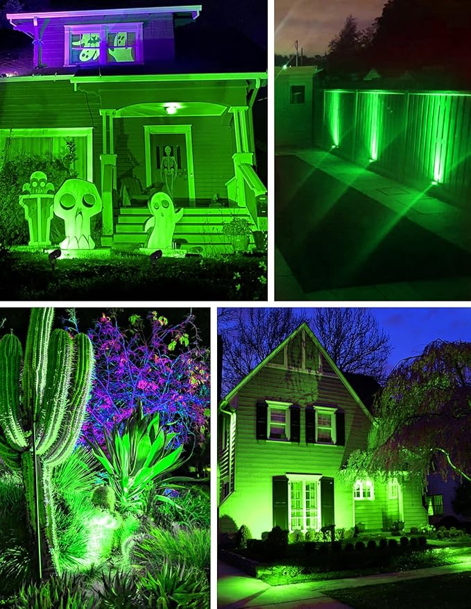 Christmas Green LED Spot Lights Outdoor, 14 LED Landscape Lighting with US Plug, IP65 Waterproof Spotlights for Tree Yard Garden Pathway Halloween St. Patrick's Day Flag Decor 2 Pack