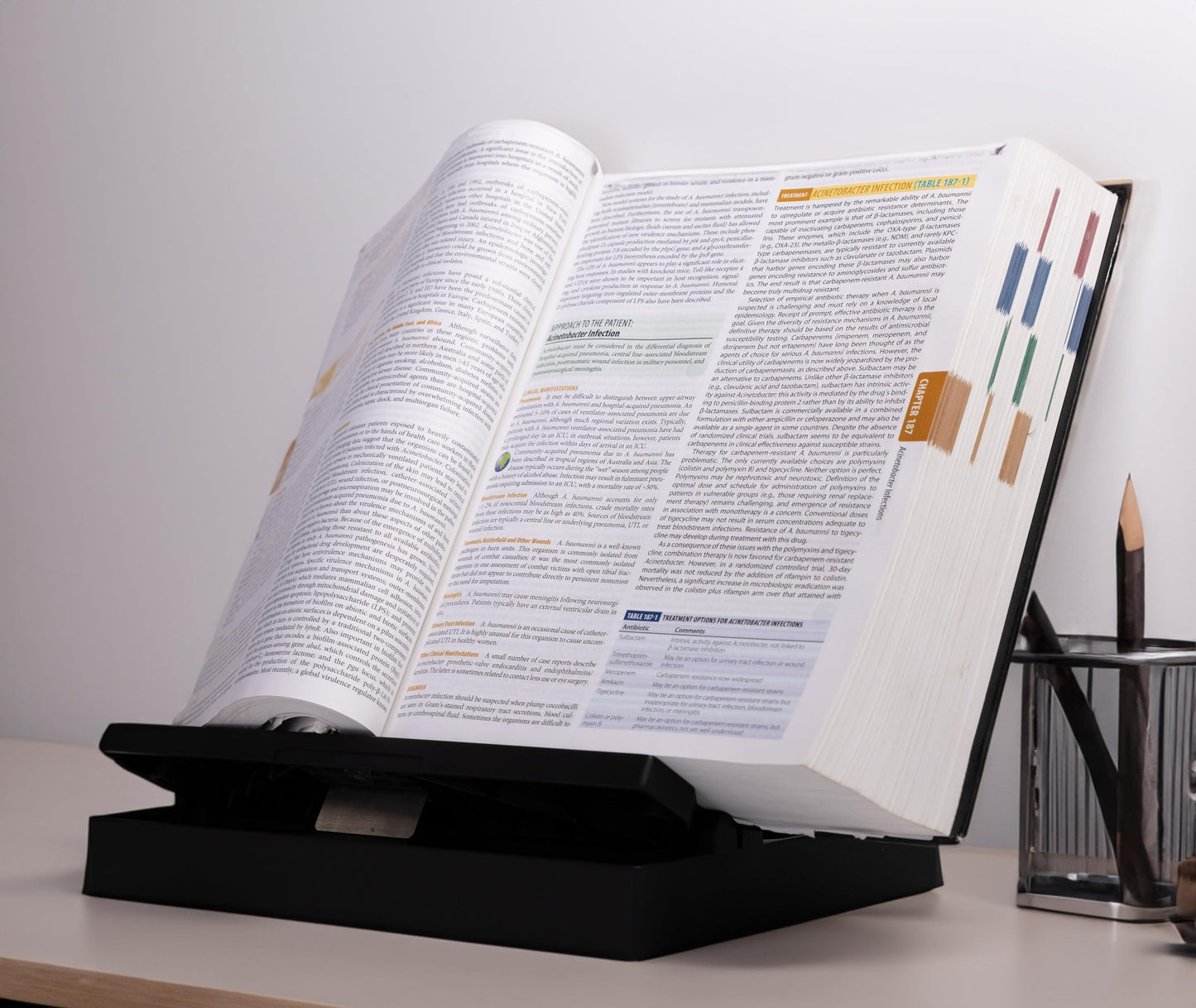 Textbook Caddy Book Stand with Storage — Adjustable Reading Stand for College Students, Portable Foldable Desk Book Holder for Textbooks, Tablets & Cookbooks, Ergonomic 60° Angle, Lightweight 1.6 lb