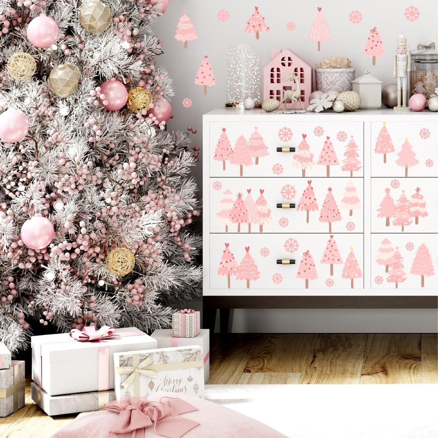 Pink Christmas Tree Wall Decals Merry Christmas Wall Stickers Peel and Stick Xmas Snowflake Sticker for Crafts Decoration Home Indoor Pink Pine Tree Decal for Kids Bedroom Winter Holiday Party Decor