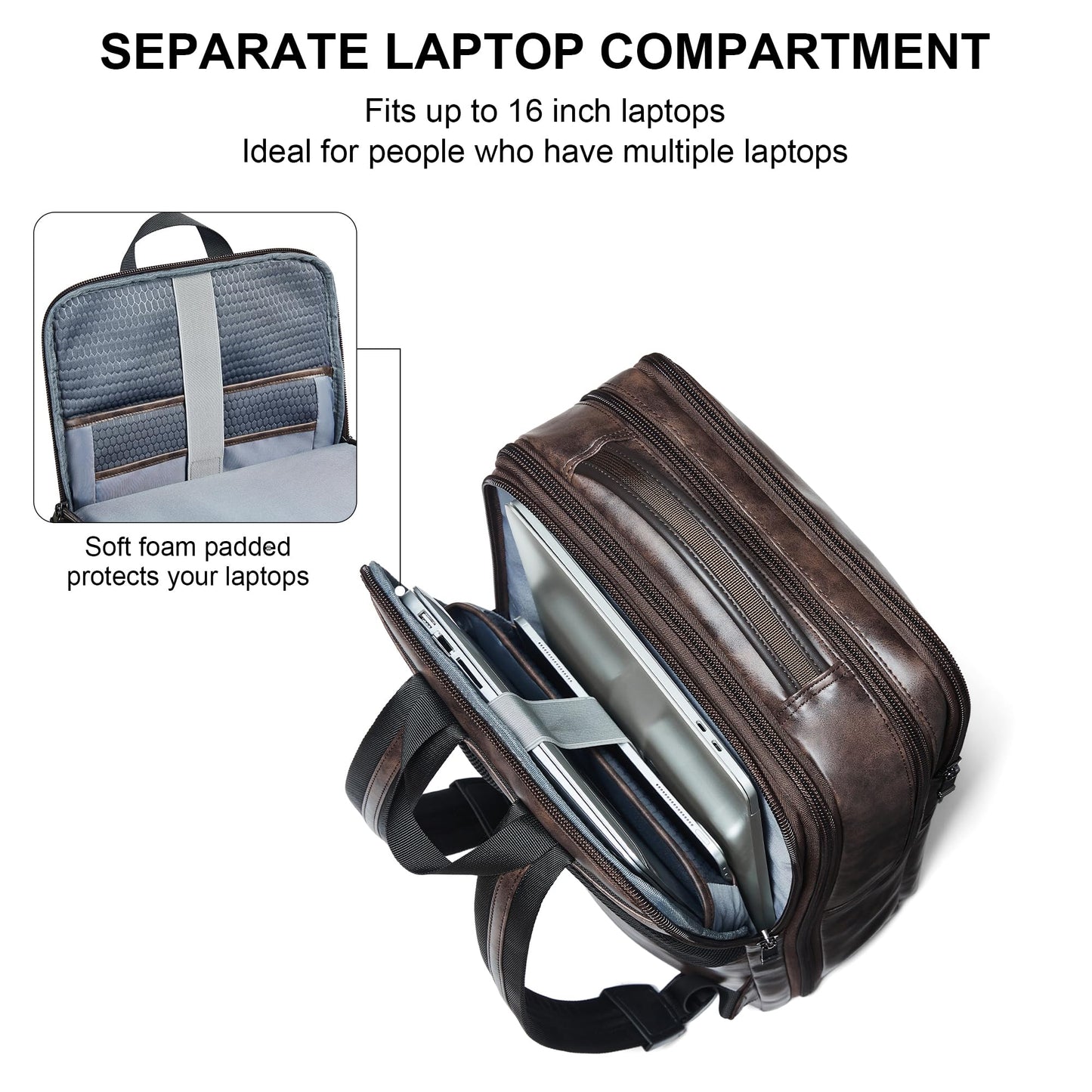 Shrrie Vegan Leather Laptop Backpack for Women&Men,16 Inch Expandable Backpack with USB Charging Port,Two-toned Coffee