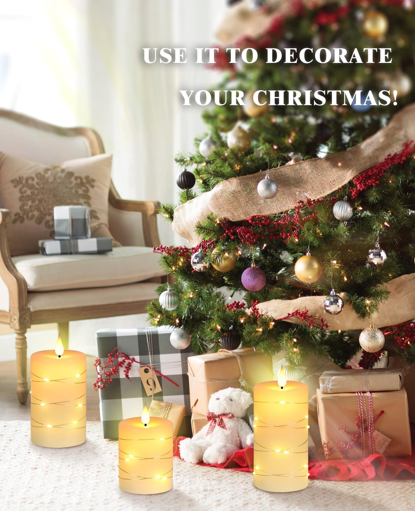 Da by 3 Pack Ivory Real Wax Flameless Taper Candles, Lifelike Flickering LED Flame Candles with Surrounding Fairy String Lights, Soft Warm Battery Candles with Remote for Home Wedding Holiday Decor