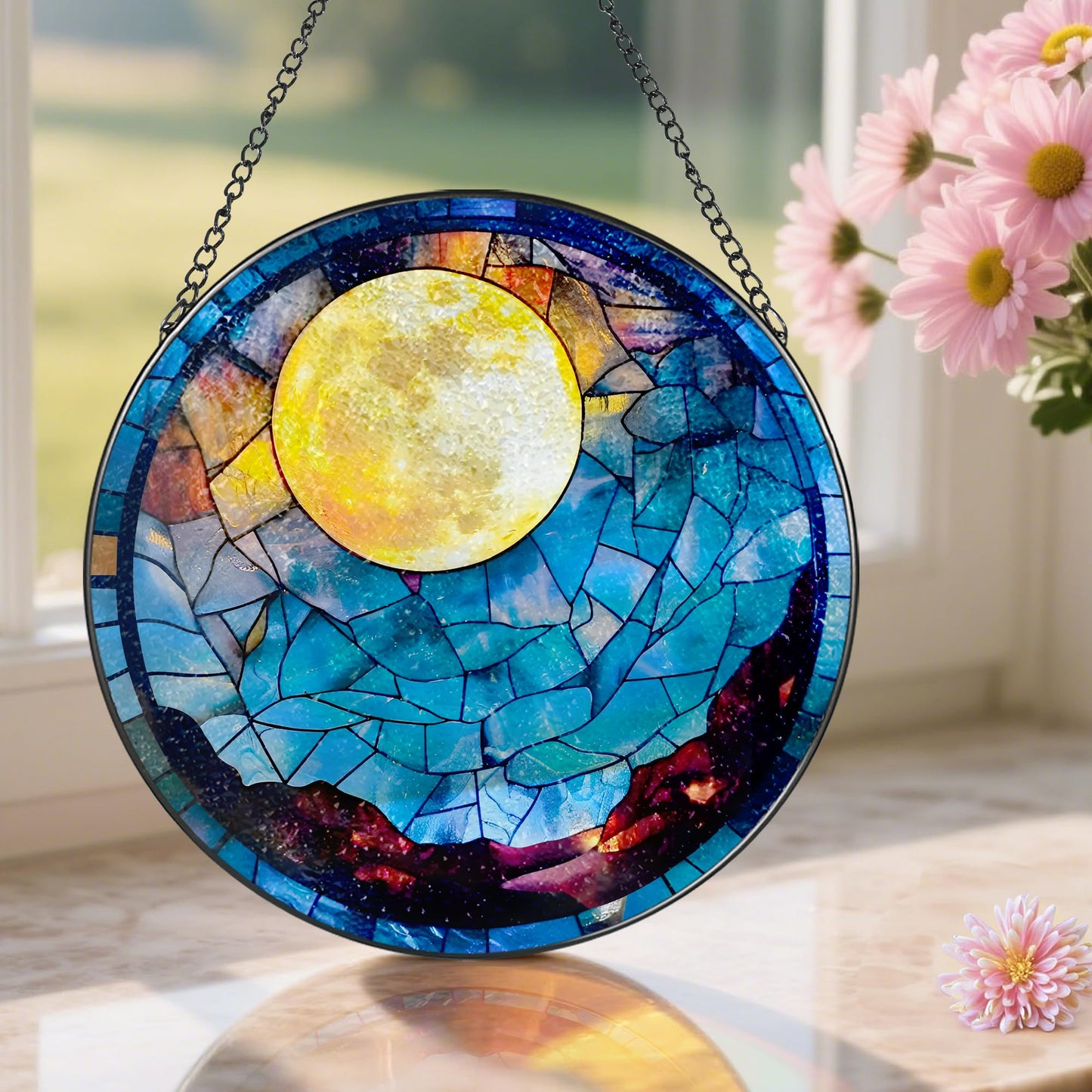 Stained Glass Window Hanging - 8 Inch Full Moon Suncatcher for Window Doors Home Decoration, Valentine's Day Mother's Day Christmas Birthday Gifts for Women, Men, and Mom Grandma