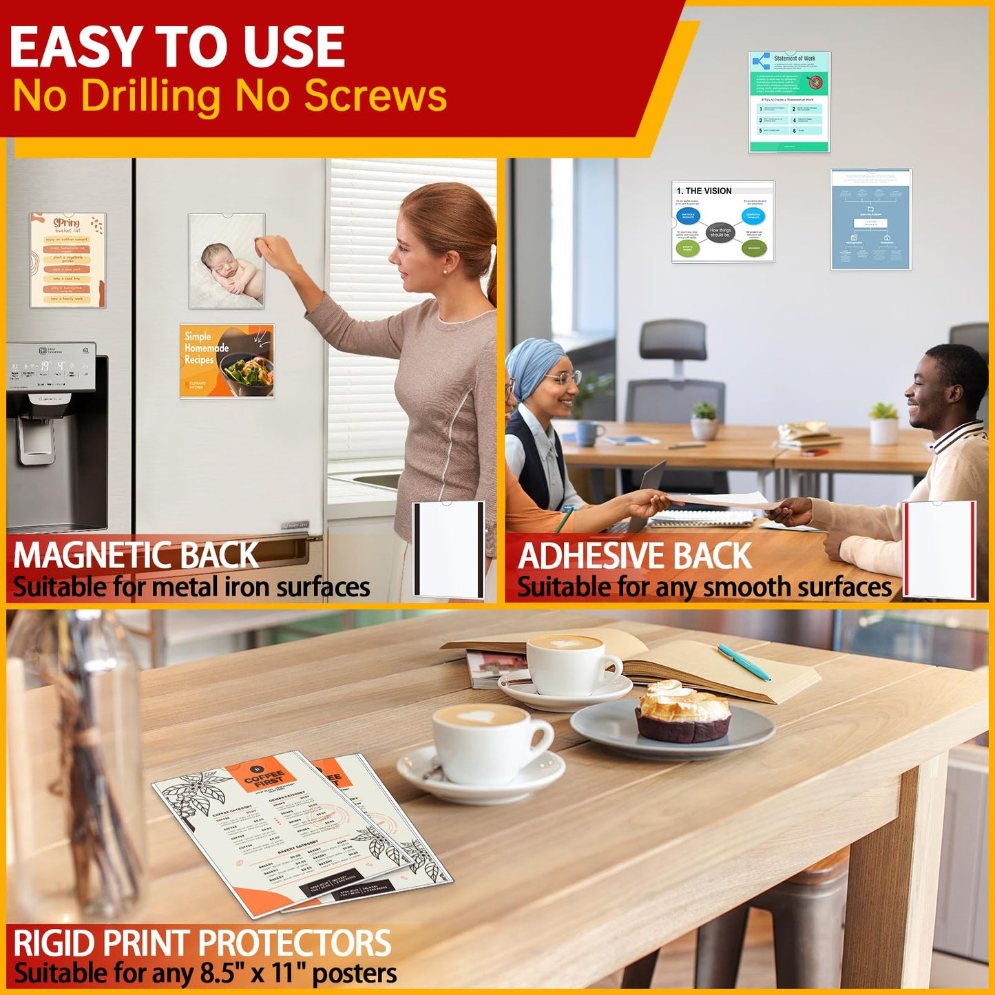 JR-MOV Magnetic Sign Holder 8.5 x 11 - Clear Plastic Frame for Refrigerator, Rigid Paper Holder for Picture Document, Adhesive Frames for Wall Window Door Sign 20 Pack