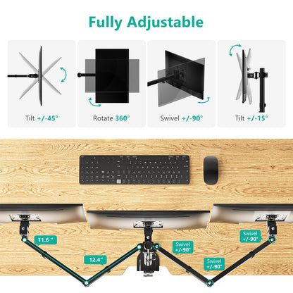WALI Triple Monitor Mount, Heavy Duty Triple Monitors Stand up to 27 inch Screens, Adjustable 3 Monitor Desk Mount with Swivel, Tilt, Rotation, Clamp & Grommet Base Kit (M003SN), Black