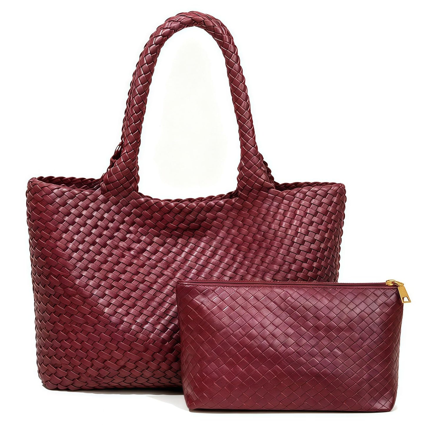 SporGenius Woven Tote Bag for Women, Vegan Leather Handwoven Bags with Small Handmade Purse, Large Travel Braided Top Handle Handbags (Burgundy)