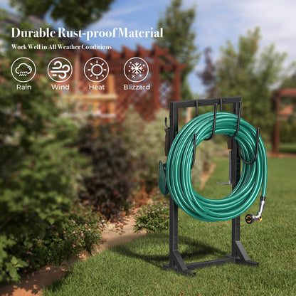 Winpull Garden Hose Holder Water Hose Holder with 4 Spikes, Freestanding Hose Hanger Outdoor Hold Stand Heavy Duty 6 Hooks Metal Garden Hose Storage Hose Reel Rack for Outside (Black)