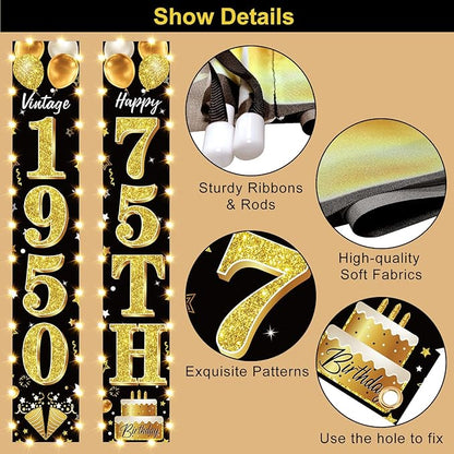 75th Birthday Party Banner Lighted Decorations for Men and Women - Black Gold Vintage 1950 75th Birthday Door Banners with LED Light, 75 Years Birthday Party Supplies for Indoor Outdoor Decor